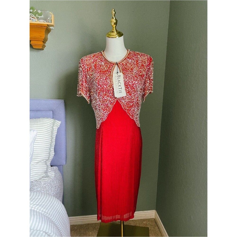 New Oleg Cassini Black Tie Vintage Red Beaded Evening Gown Dress Glam Size 10